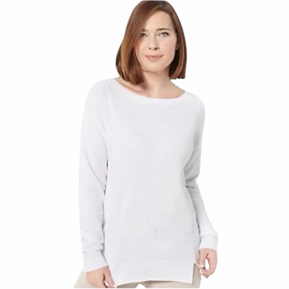 Barefoot Dreams CozyChic Ultra Lite White Boat Neck Pullover BDWCU21116 L